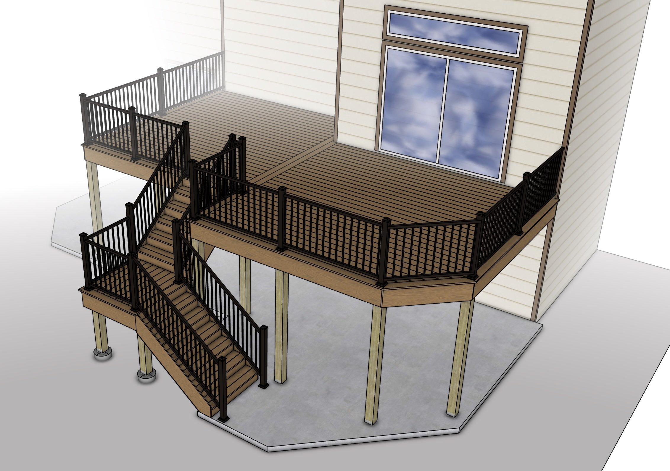 Digital rendering of a two-level wooden deck with black railing, stairs, and a backing wall with windows.