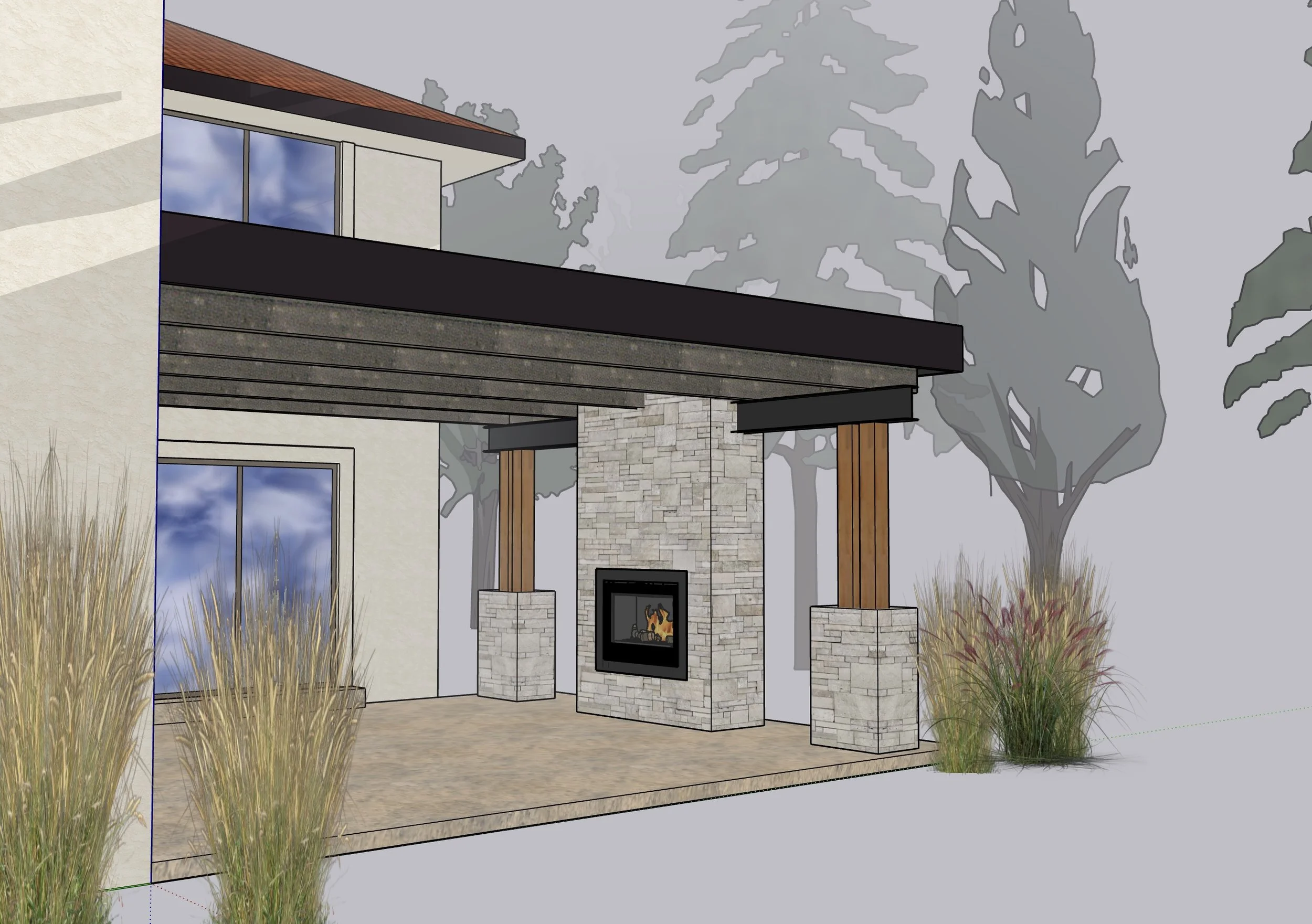 Architectural rendering of an outdoor patio with a fireplace, stone columns, wooden accents, and surrounding plants, with trees in the background.