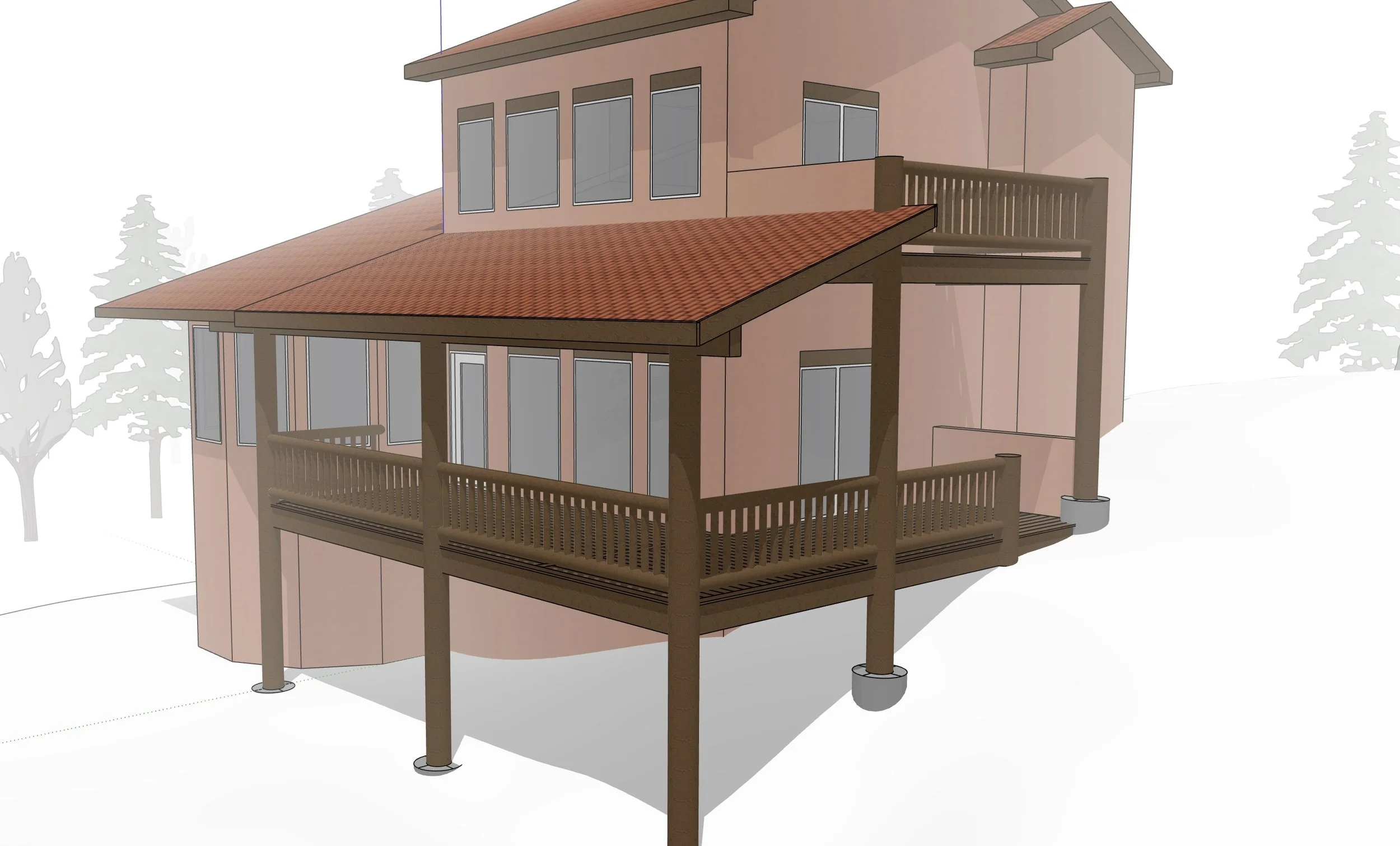A digital rendering of a multi-story house with a brown exterior, red tiled roof, large windows, and a wooden porch and balconies, set against a background of faint trees and a white sky.
