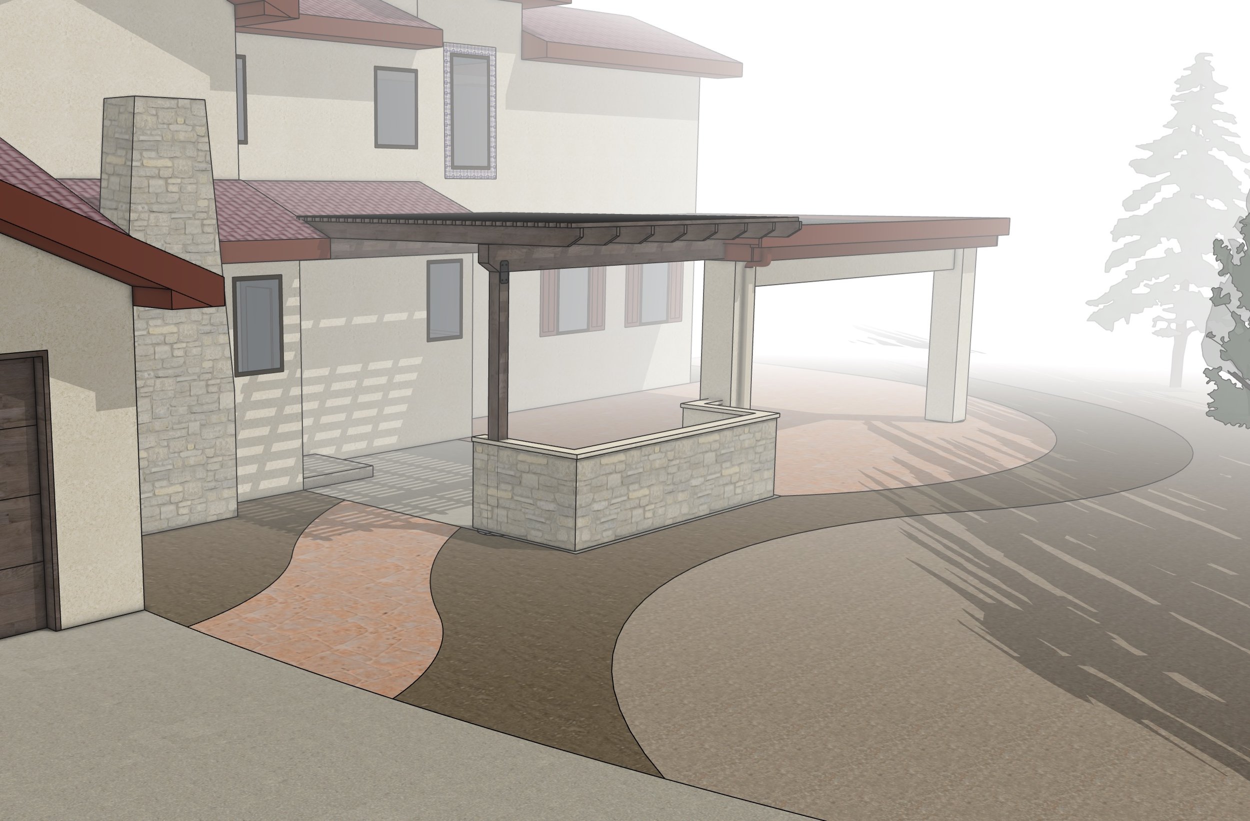 Architectural rendering of a house exterior showcasing a stone-walled porch with a pergola, a curved driveway, and a landscaped area with a tree.