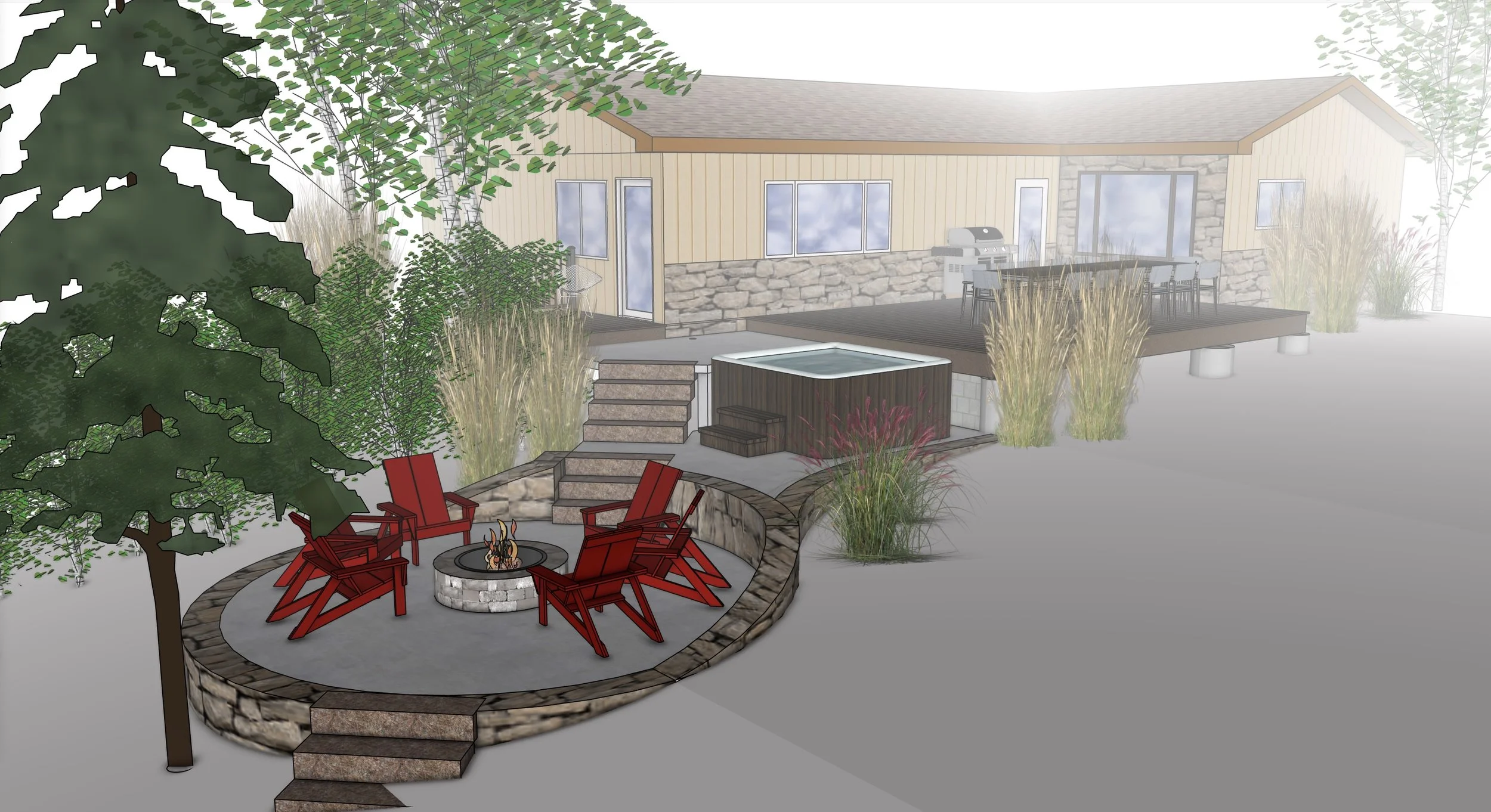 Backyard with fire pit and four red Adirondack chairs, hot tub, deck with dining area, and house with large windows and stone accents, surrounded by trees and plants.