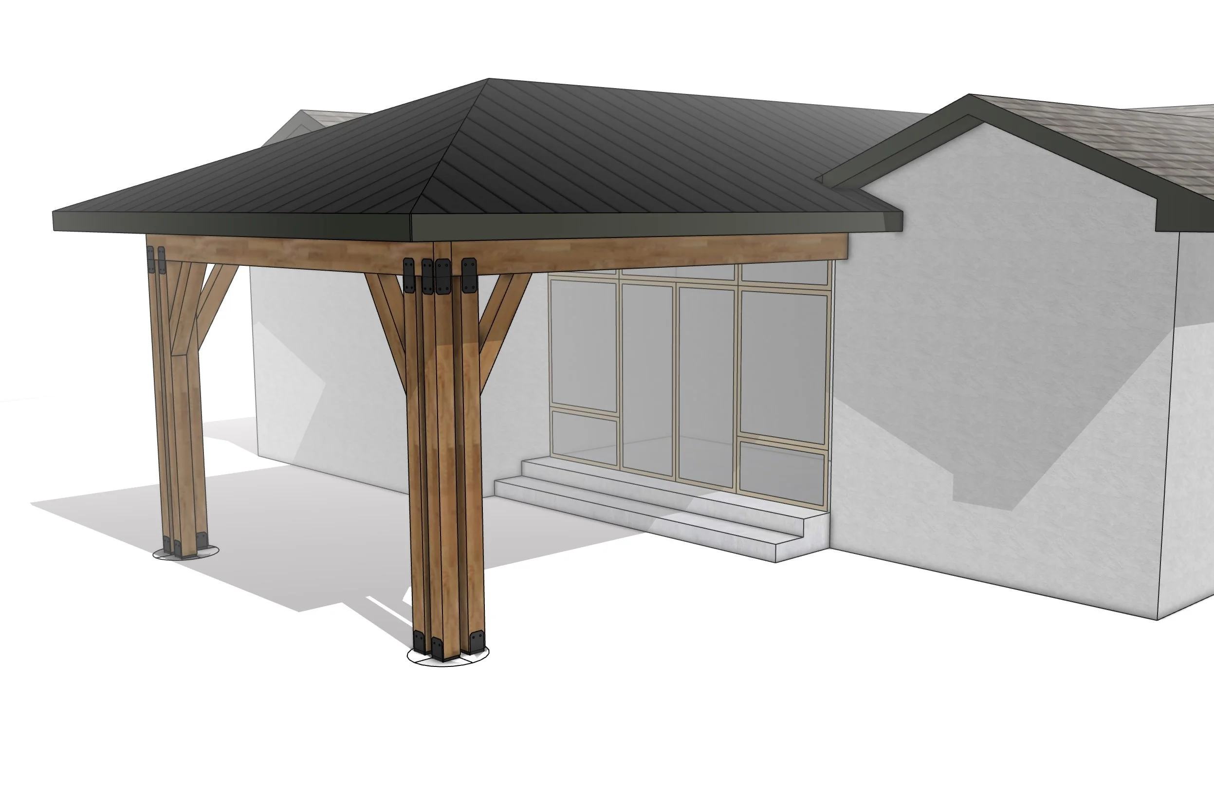 Digital rendering of a house patio with a wooden pergola and glass doors, stairs leading to the entrance, and a sloped roof.