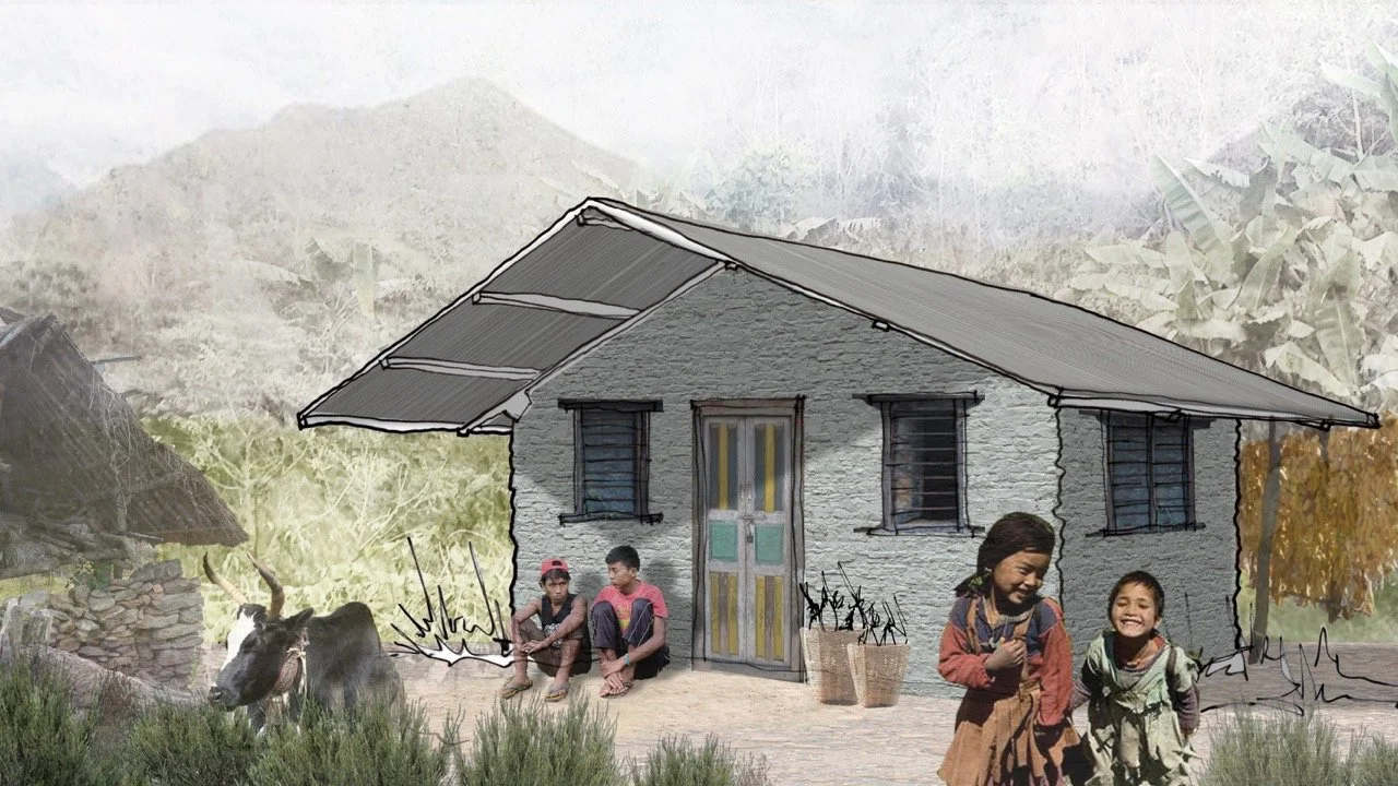 A digitally altered drawing of a house with children sitting and standing outside, surrounded by nature and mountains in the background.