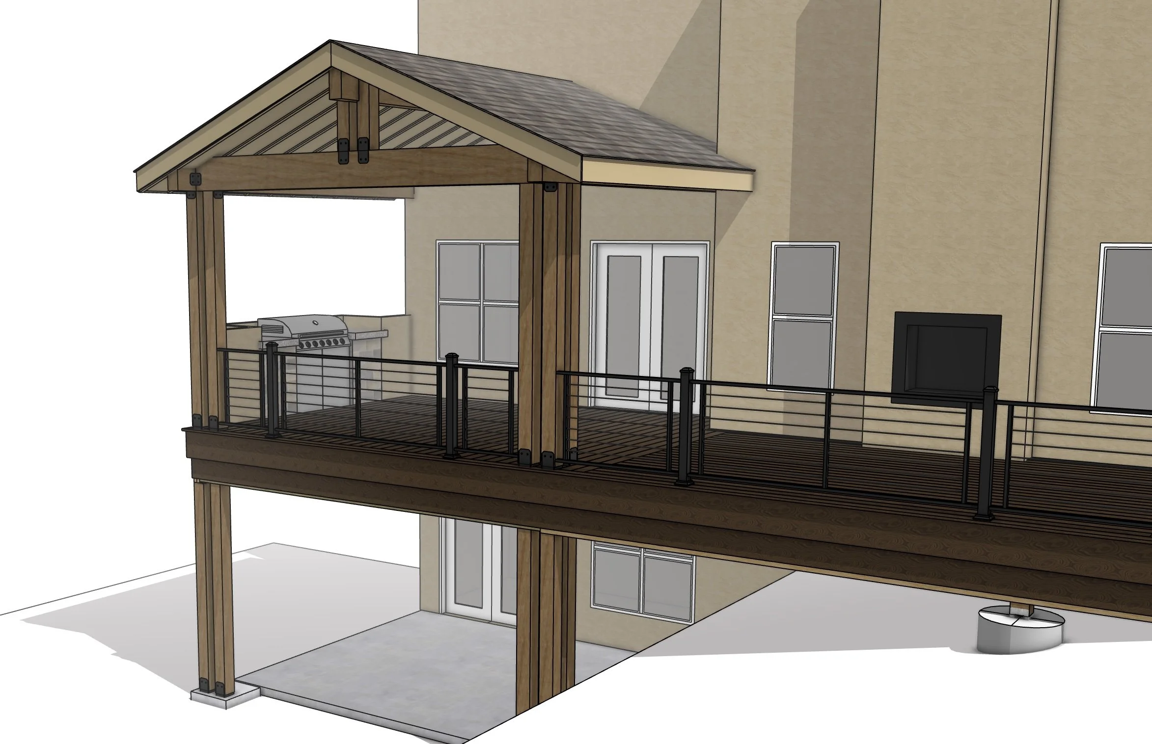 3D rendering of a house porch with wooden and metal railing, barbecue grill, windows, a door, and an outdoor fireplace on the outer wall.