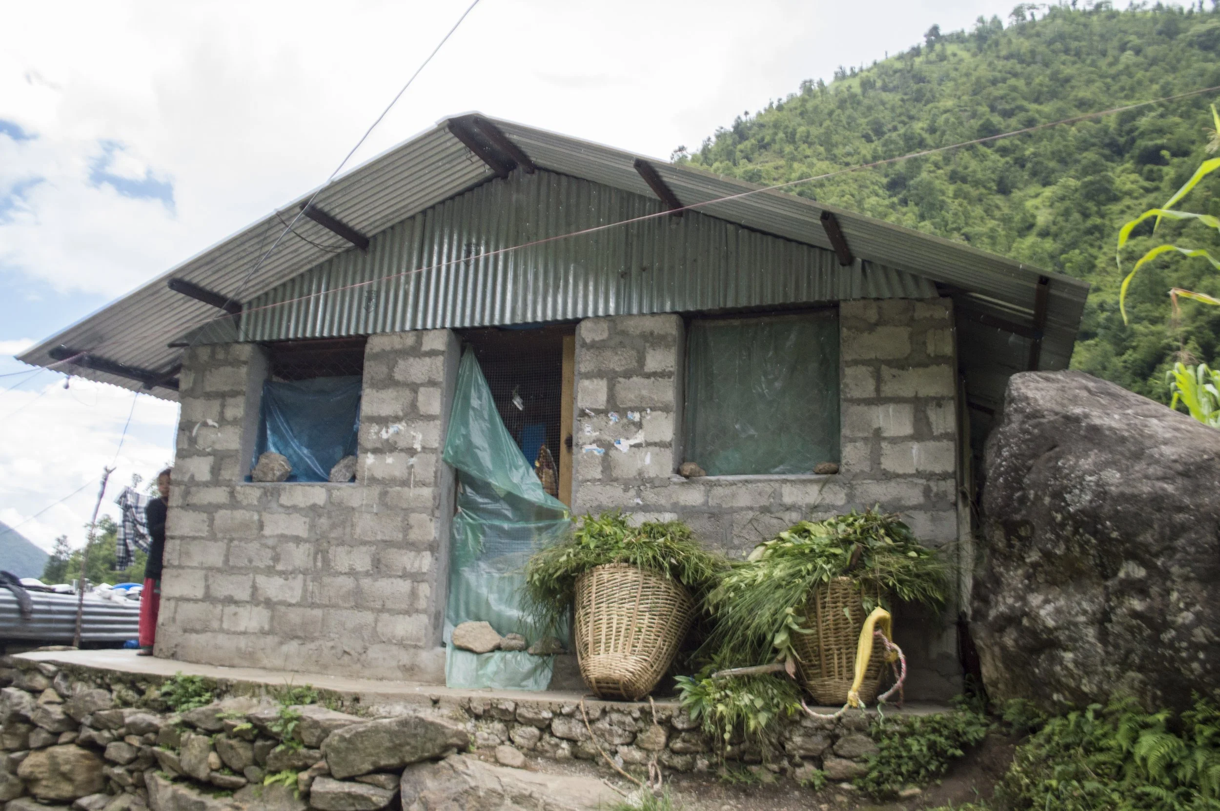 A small house made of concrete blocks with a metal roof, set against a green hillside. There are two baskets filled with plants outside the house, and a large rock nearby. Blue and green plastic sheets are covering parts of the house's windows and do