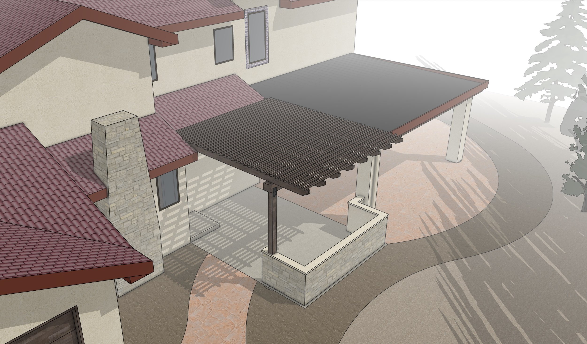 An aerial view of a residential house showing a porch with wooden slats and a stucco wall, red tiled roof, and a curved driveway with landscaping on the side.