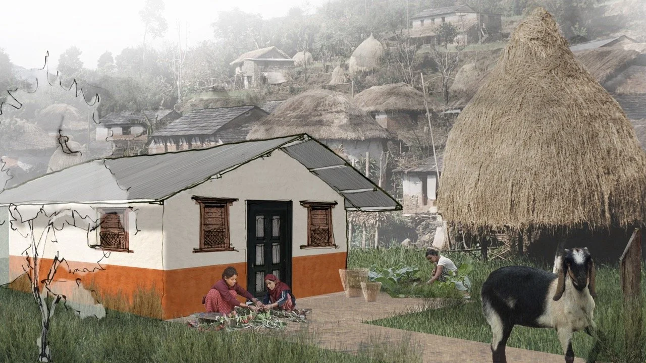 A digitally edited image of a rural village scene with a building, a goat, a haystack, and people working in a field. The background is a black and white photo of traditional thatched-roof houses, while the foreground features a house and activities 