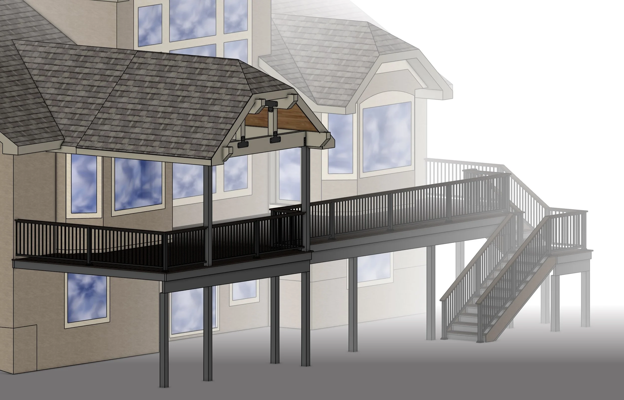 Digital rendering of a multi-level house with a balcony and staircase, featuring large windows and gray roofing.
