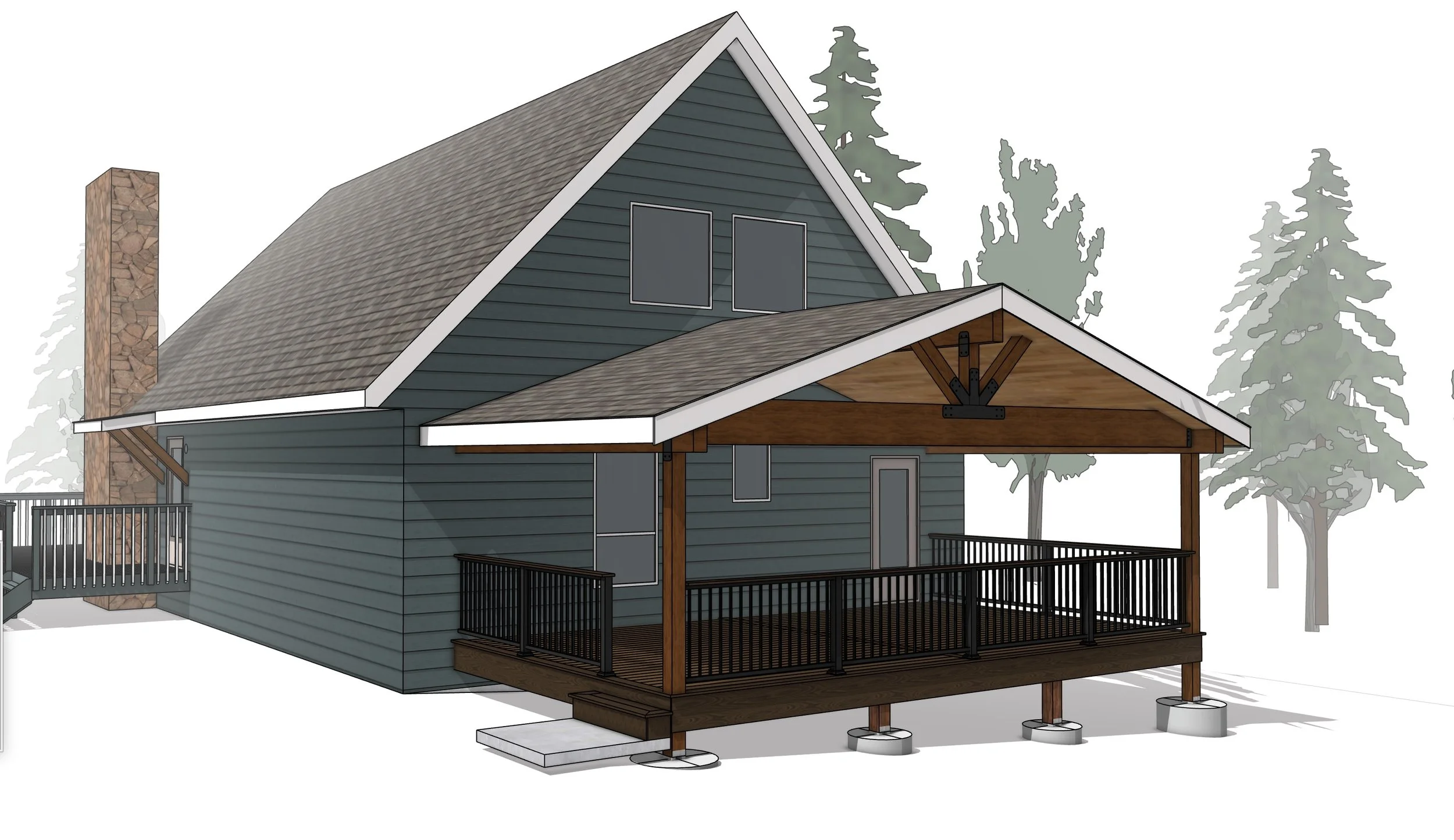 Digital rendering of a house with a covered wooden deck, blue siding, gabled roof, chimney, trees in the background, and concrete supports under the deck.