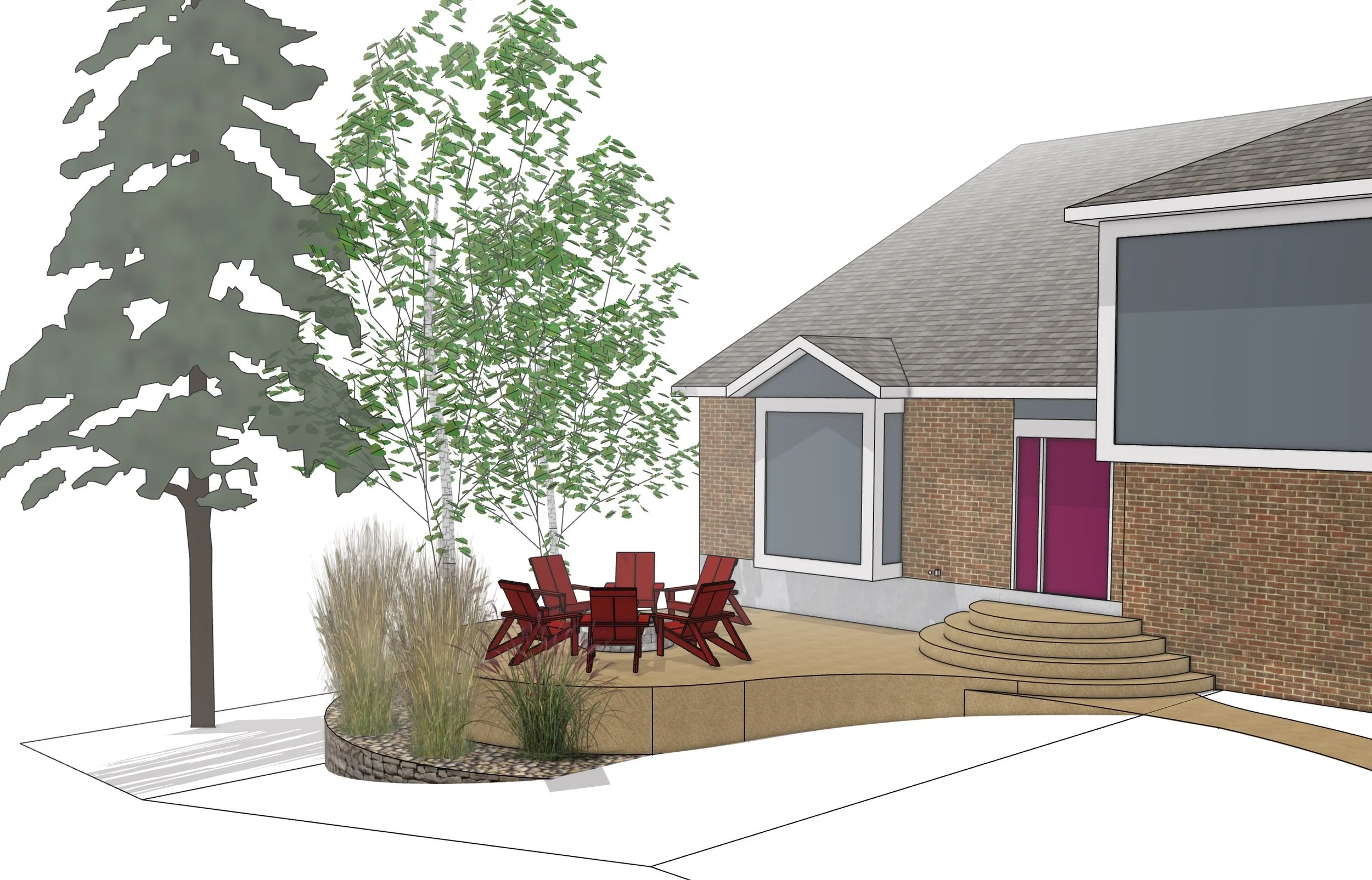 Architectural rendering of an outdoor patio with red chairs around a table, stairs leading to a house with large windows, a pink front door, trees, and landscaped plants.