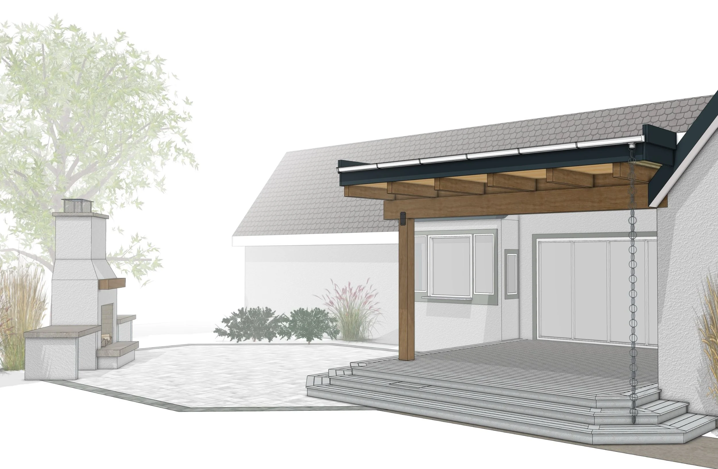 A digital illustration of a house backyard with a covered patio, a stone fireplace, and landscaping including bushes and a tree.