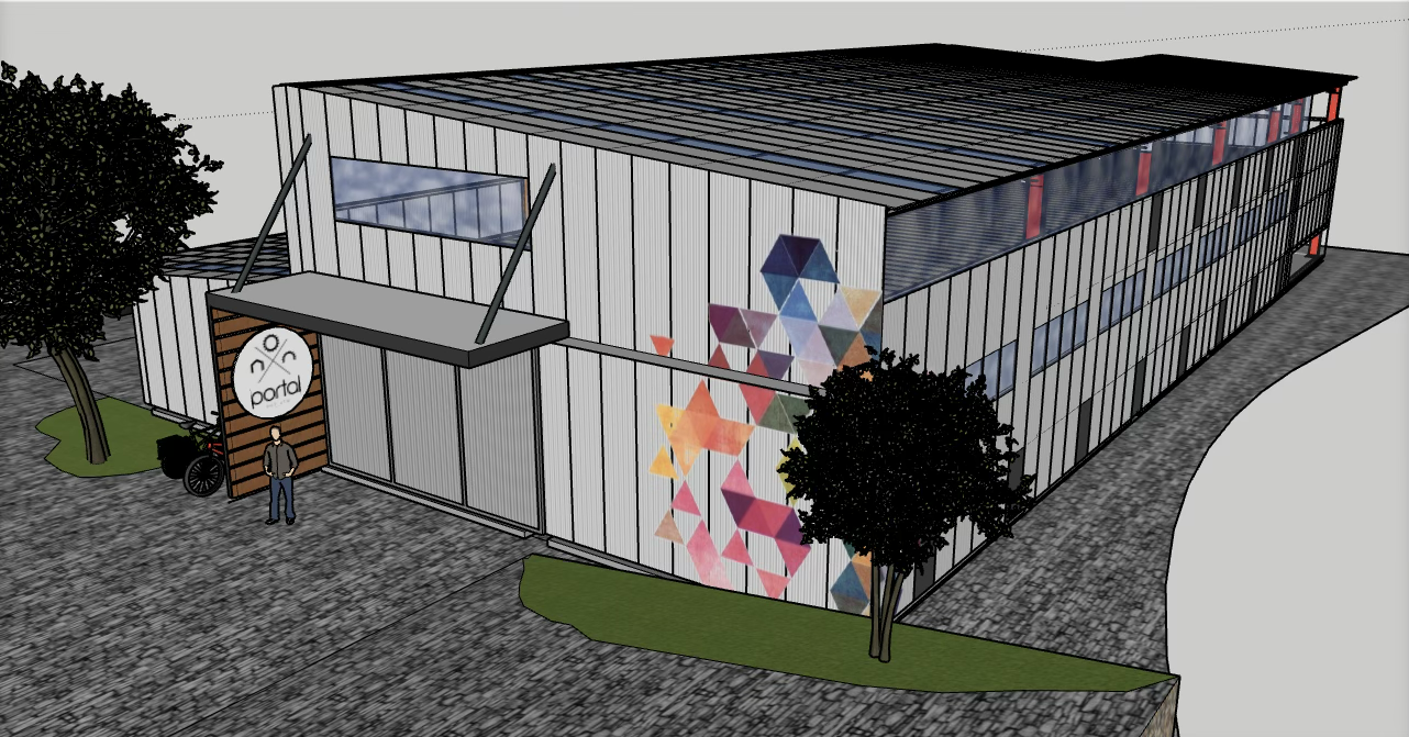 3D digital rendering of a modern, industrial-style building with a metal exterior, large geometric mural, trees, and a paved walkway.