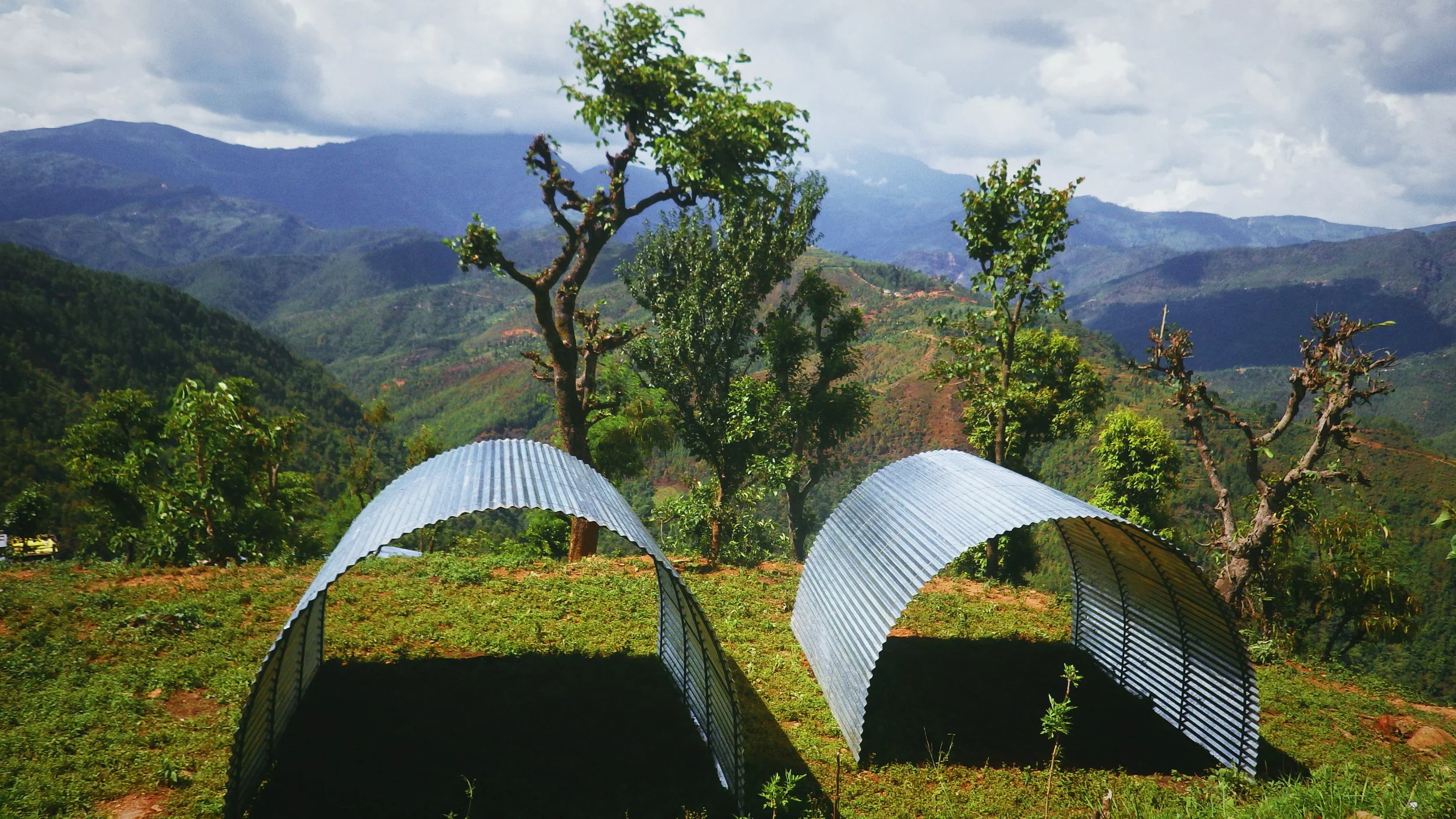 Hilly landscape with trees, mountains in the distance, and two corrugated metal shelters on a grassy hill.