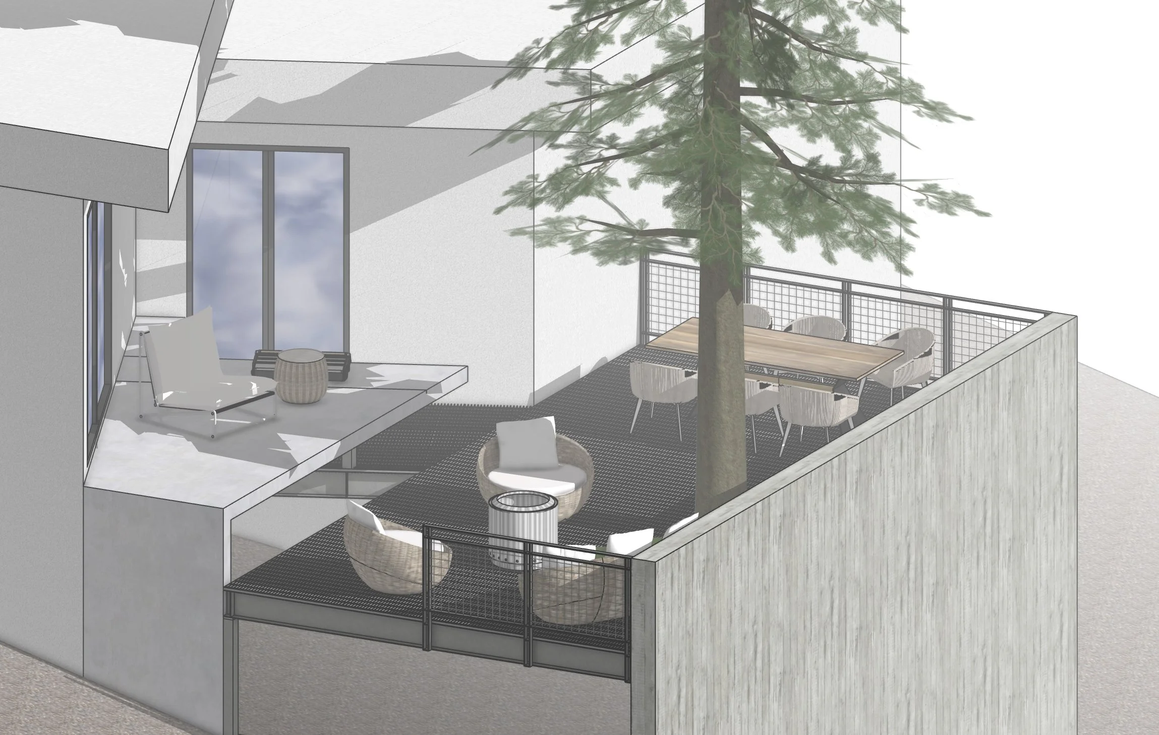 A modern outdoor rooftop patio with seating and dining areas, a tall pine tree, and a cityscape view through large glass windows.