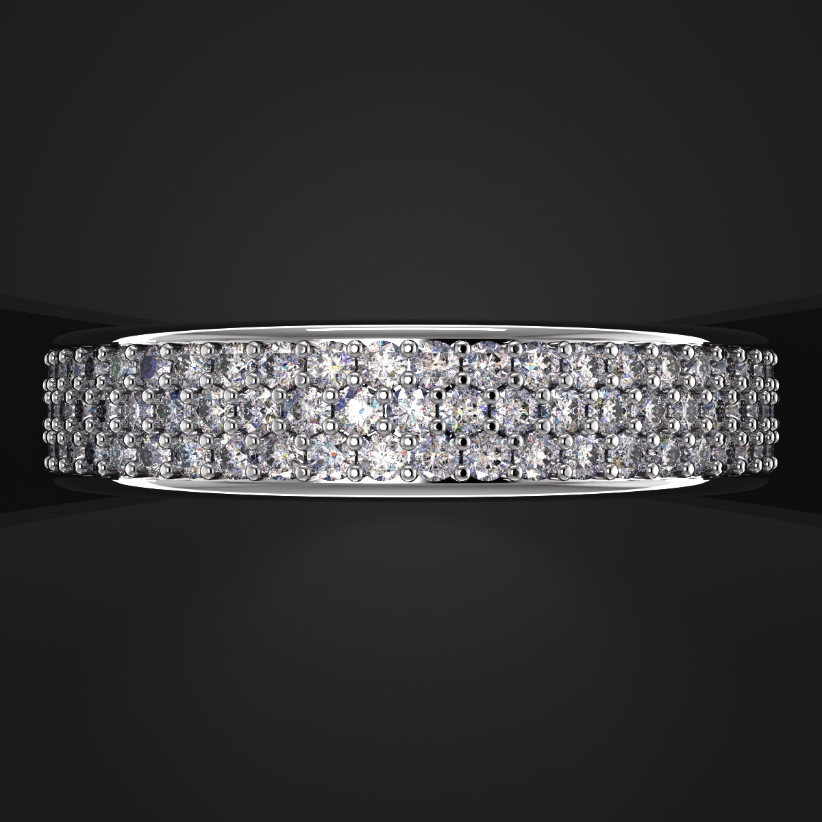 A silver band ring adorned with multiple rows of small round diamonds set closely together.