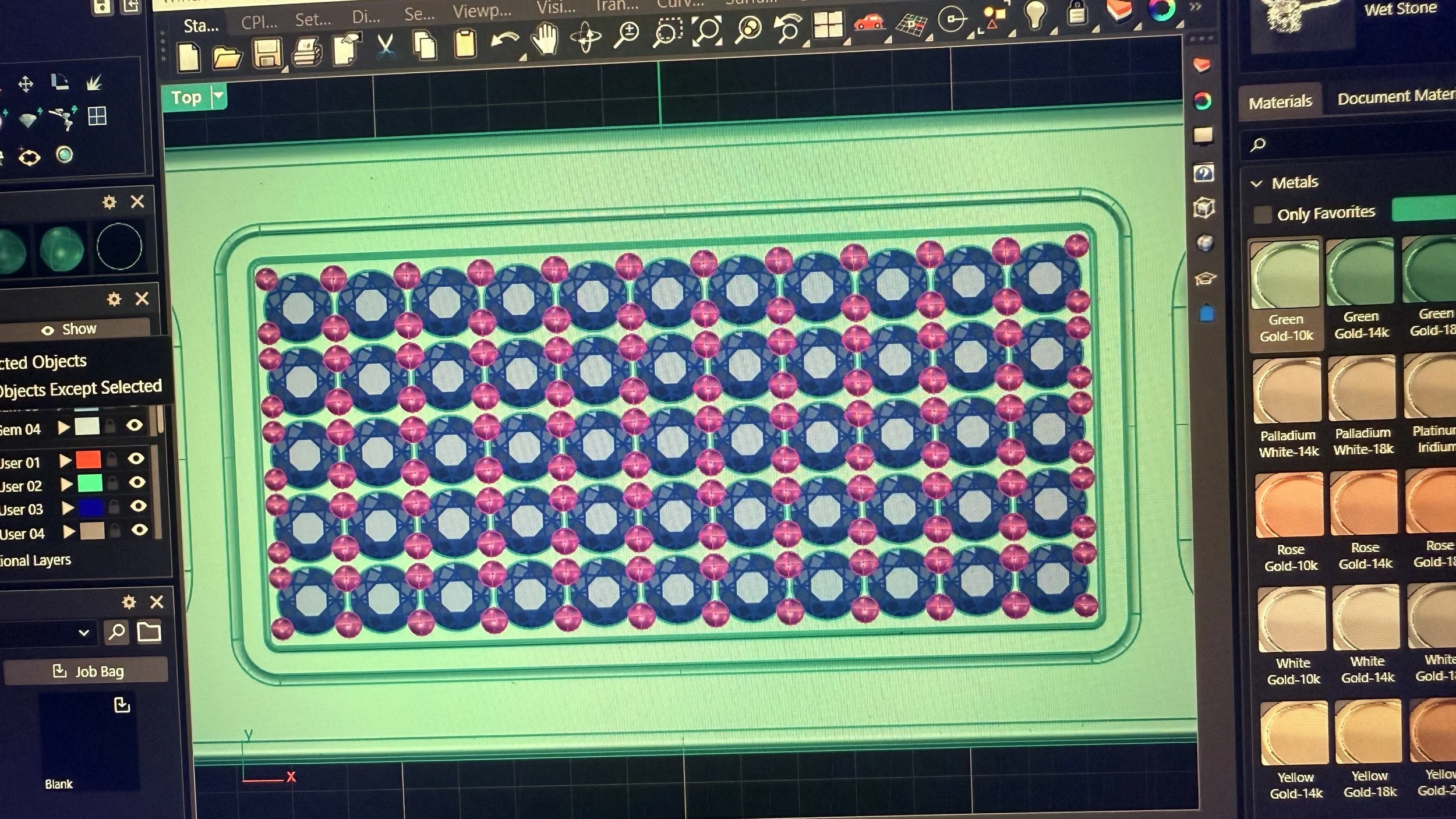 A computer screen showing a 3D modeling or design software with a grid and multiple interconnected nodes, mainly pink and blue. The software interface includes toolbars, color palettes, and panels with material options on the right side.