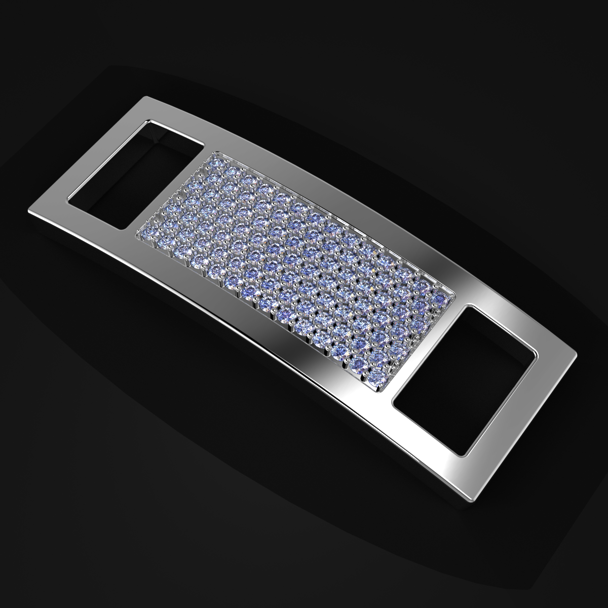 A rectangular silver card holder with a central section decorated with numerous small, sparkling crystals, resting on a black background.