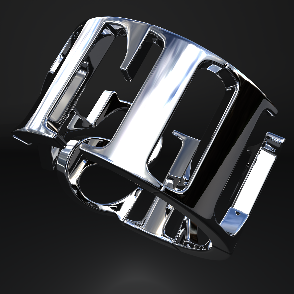 Shiny metallic letter 'E' with a modern, reflective finish, isolated on a black background.