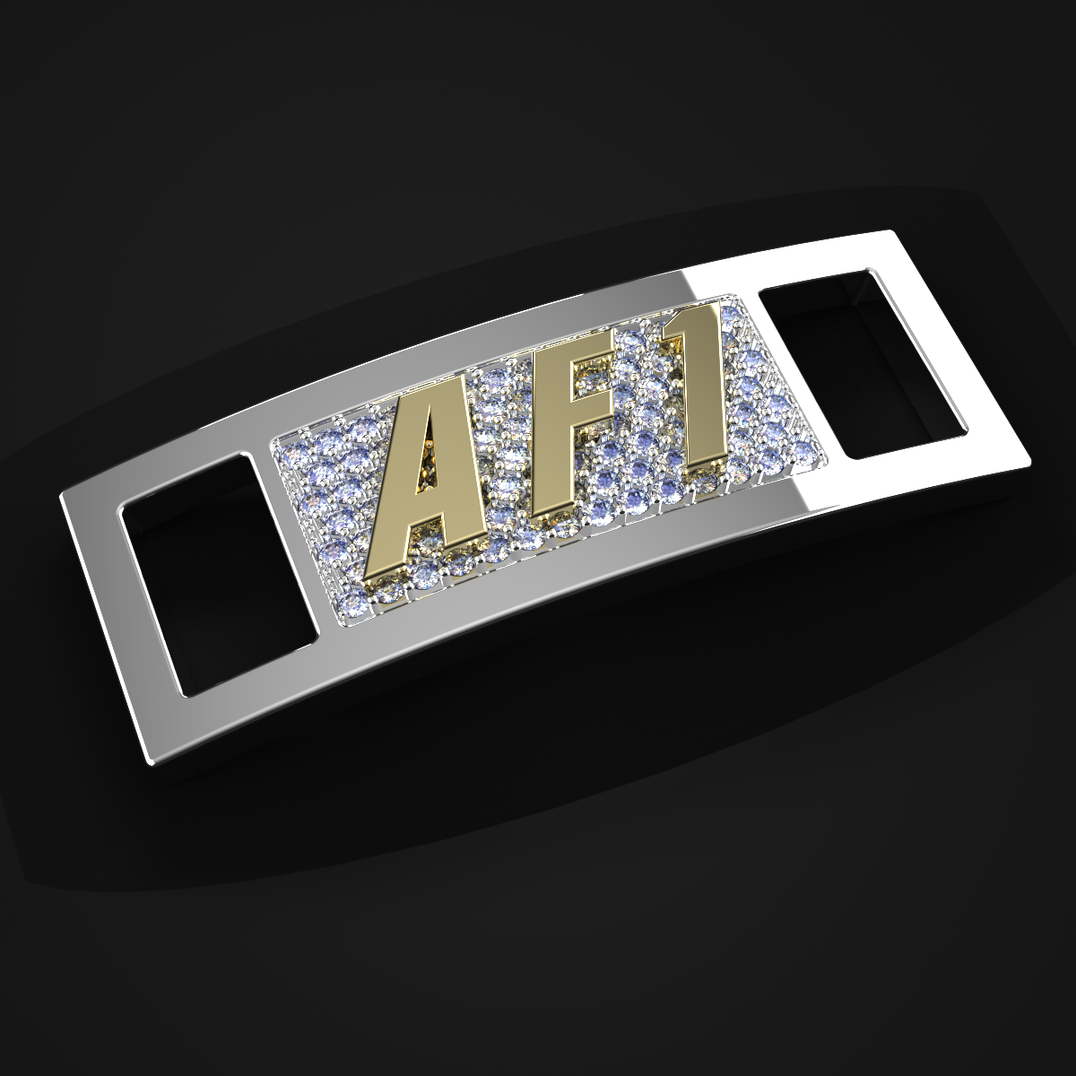 A silver metal badge with the letters 'A1F1' in gold, surrounded by small diamonds or crystals, on a black background.