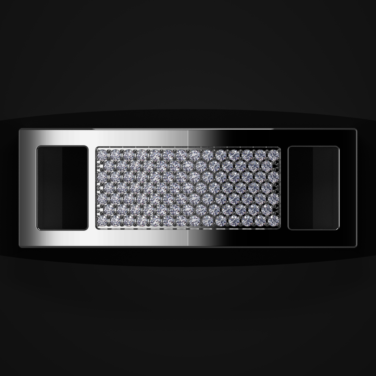 Close-up of a luxury black watch with a rectangular face encrusted with numerous diamonds, set in a silver-colored frame.