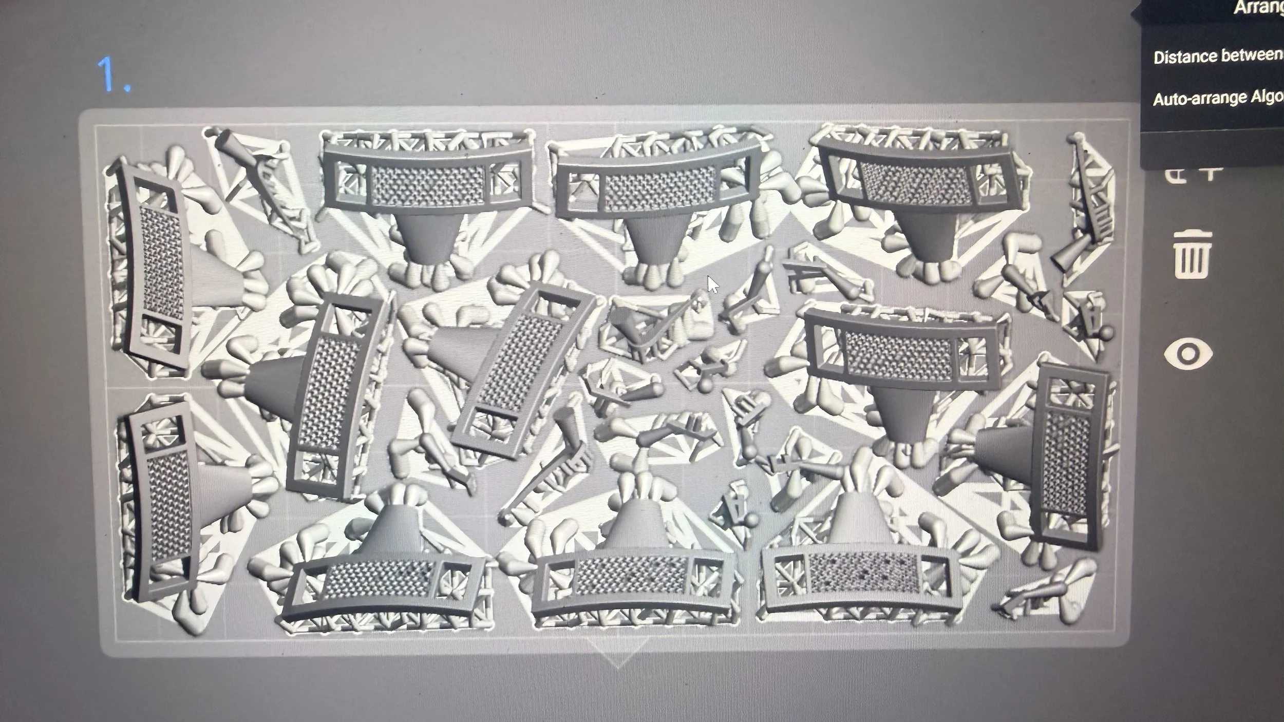 3D model of multiple cone-shaped objects and rectangular frames arranged in a circular pattern.