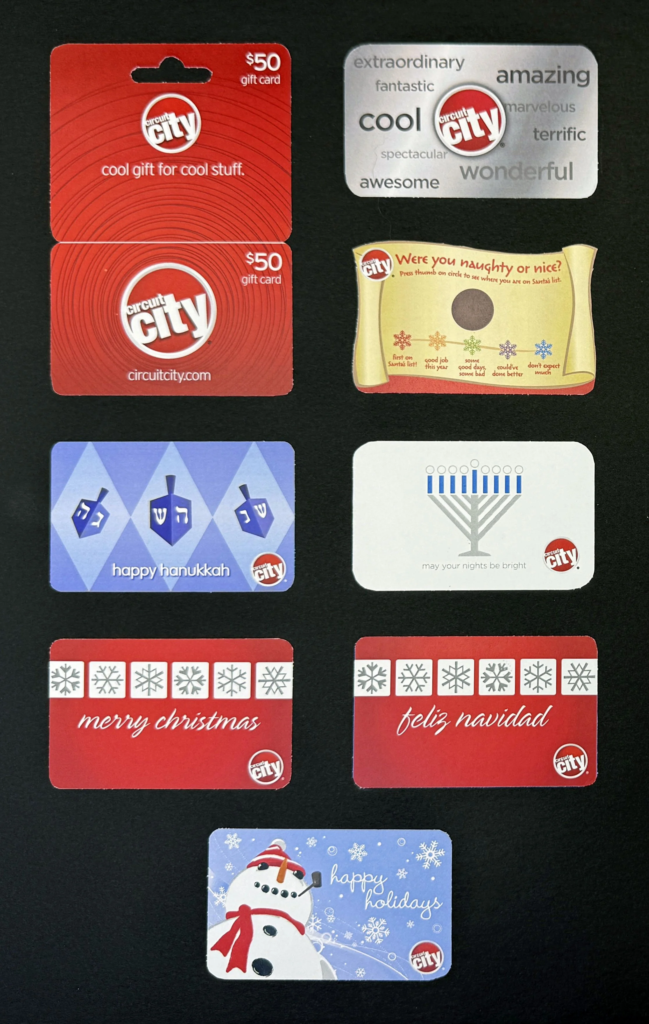 Gift card designs produced for holiday season, evergreen use, and third-party retailer displays.