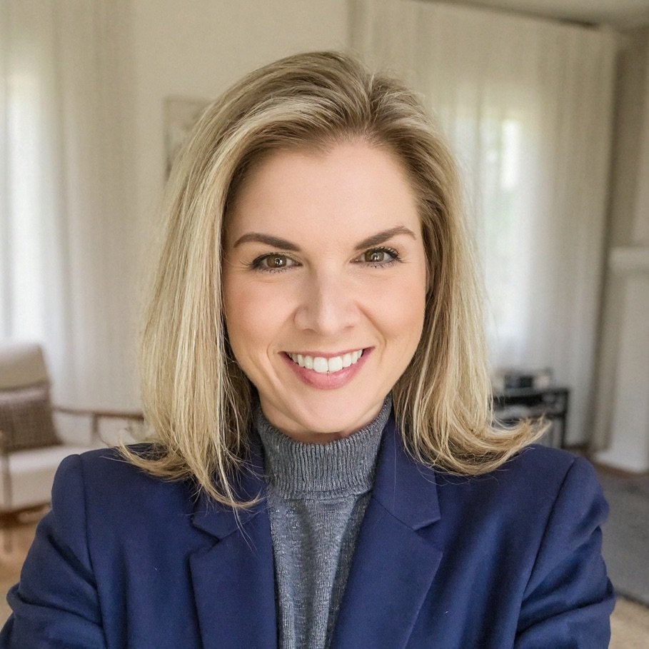 A woman with shoulder-length blonde hair wearing a gray turtleneck and a navy blazer, smiling indoors with curtains and a living room visible in the background.