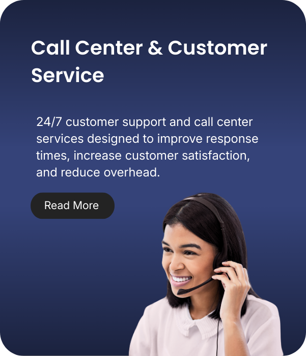 A promotional image for call center and customer service features a smiling woman wearing a headset, with text highlighting 24/7 customer support and call center services, and a "Read More" button.