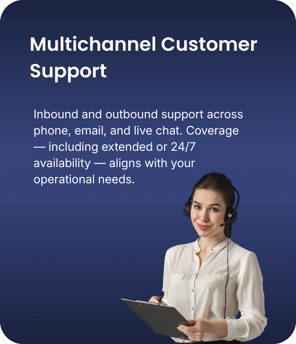 A woman wearing a headset and holding a clipboard, standing against a blue background, with text promoting multichannel customer support.