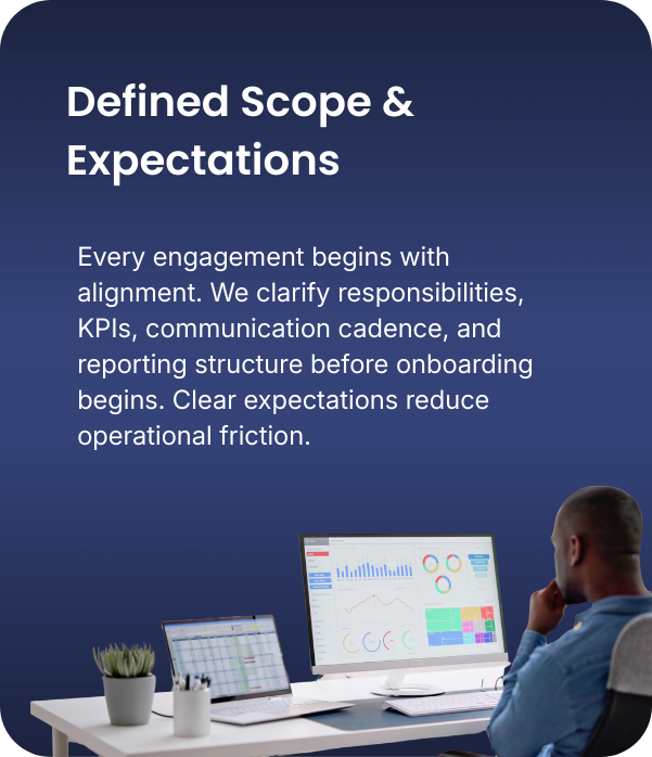 Poster with title 'Defined Scope & Expectations' and text explaining onboarding process, with a man working on a computer displaying data charts and graphs.