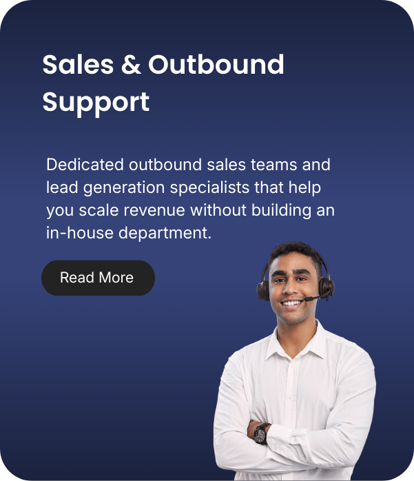 A professional male customer support representative wearing a white shirt and a headset, smiling and crossing his arms, set against a blue background with text about sales and outbound support services.