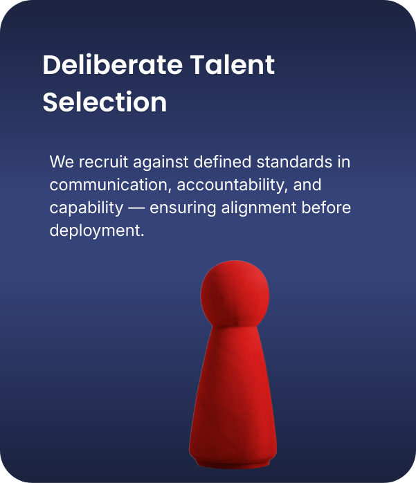 The image shows a presentation slide with the title "Deliberate Talent Selection" and a subtitle about recruitment standards in communication, accountability, and capability. The slide features a large red pawn chess piece against a dark blue backgro