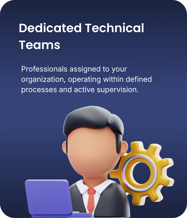 Graphic with the title 'Dedicated Technical Teams' showing a cartoon figure of a man with dark hair in business attire, a red tie, sitting in front of a laptop, with a yellow gear behind him on a dark blue background.