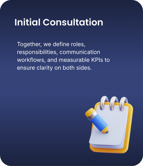 Business presentation slide titled 'Initial Consultation' with text about defining roles, responsibilities, communication workflows, and KPIs, accompanied by an illustration of a notepad with a pencil.