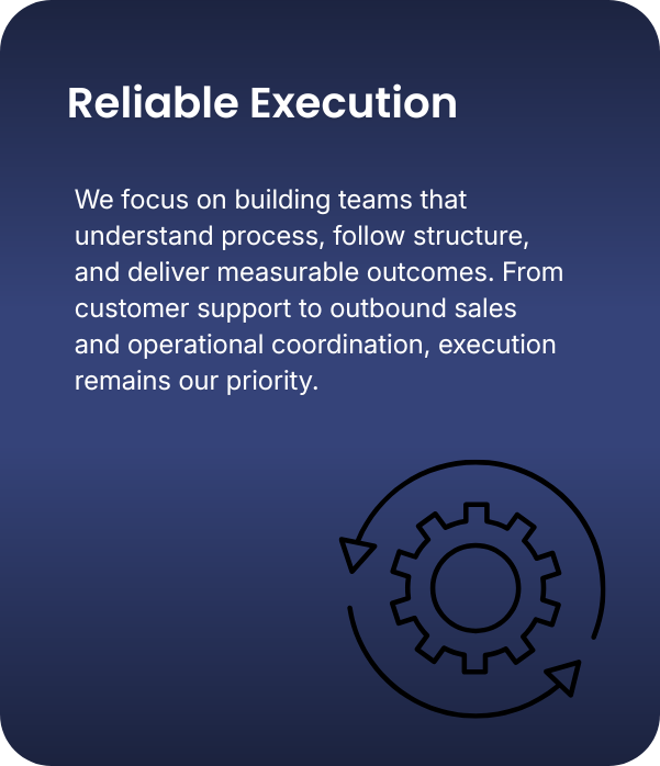 A digital graphic promoting reliable execution with text describing building effective teams focused on process, structure, and measurable outcomes. The image includes a gear icon with circular arrows.