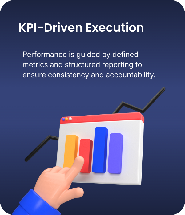 A digital graphic displaying the title 'KPI-Driven Execution' with a subtitle about performance metrics, featuring a hand pointing at a colorful bar chart and a line graph in the background, illustrating data tracking and analytics.