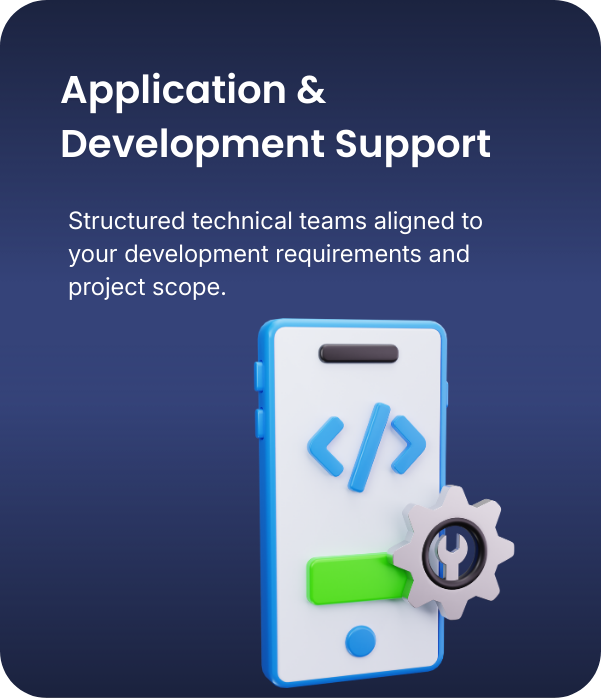 A promotional graphic for application and development support featuring a smartphone with coding symbols and a gear icon, set against a dark blue background.