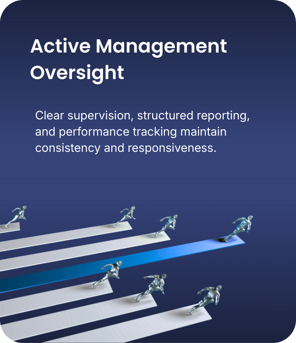 Illustration of metallic figures running on ascending tracks symbolizing active management oversight and leadership.