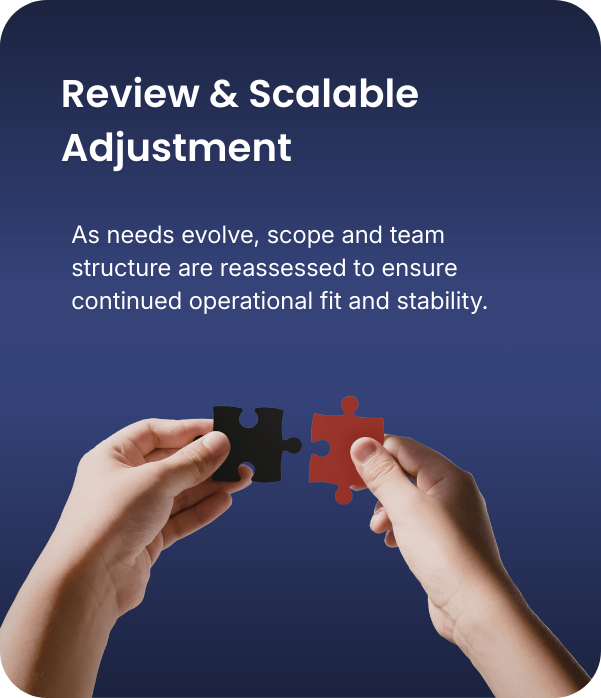 Two hands holding puzzle pieces, one black and one red, about to connect against a blue background with white text discussing review and scalable adjustment.