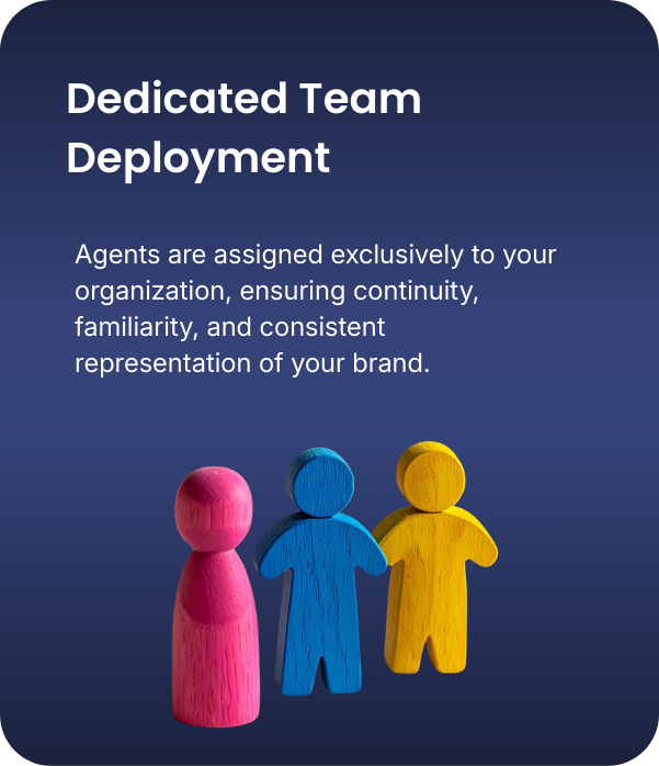 Graphic of three wooden figures in pink, blue, and yellow, representing a dedicated team deployment concept with text emphasizing exclusive assignment to organizations.