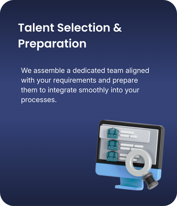 Slide with title 'Talent Selection & Preparation'; text about assembling a dedicated team; graphic of a computer monitor displaying a kanban board and a magnifying glass.
