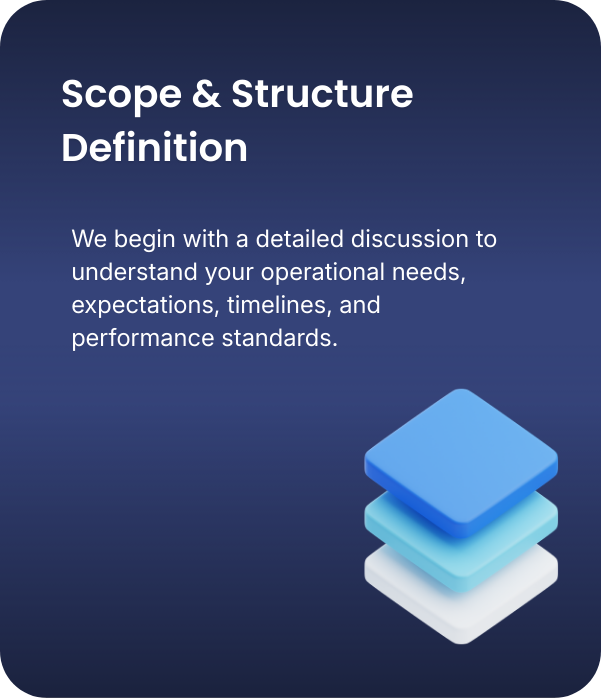 Slide titled 'Scope & Structure Definition' with a subtitle about understanding operational needs, expectations, timelines, and performance standards, featuring a graphic of stacked blue and white layers.