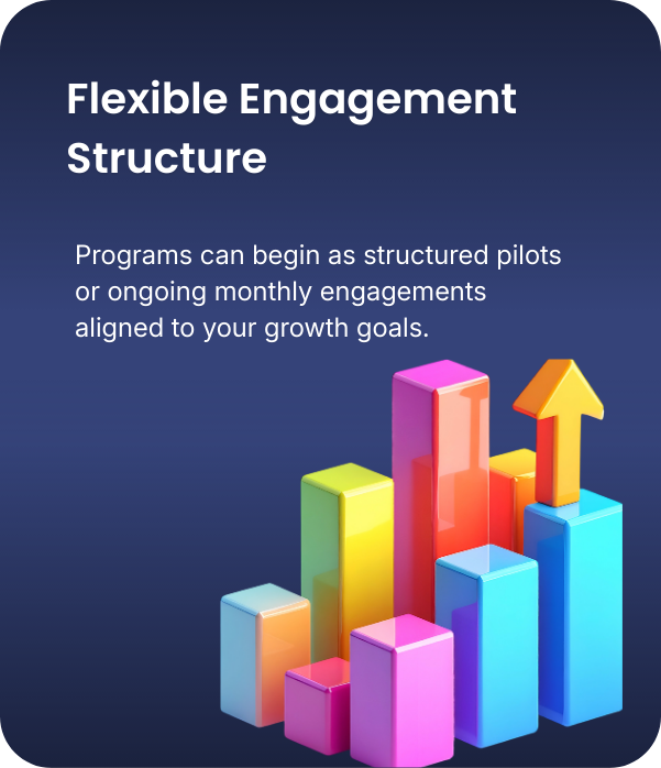 Colorful 3D bar graph with upward arrow, illustrating growth, on a dark blue background with white text about flexible engagement structure.