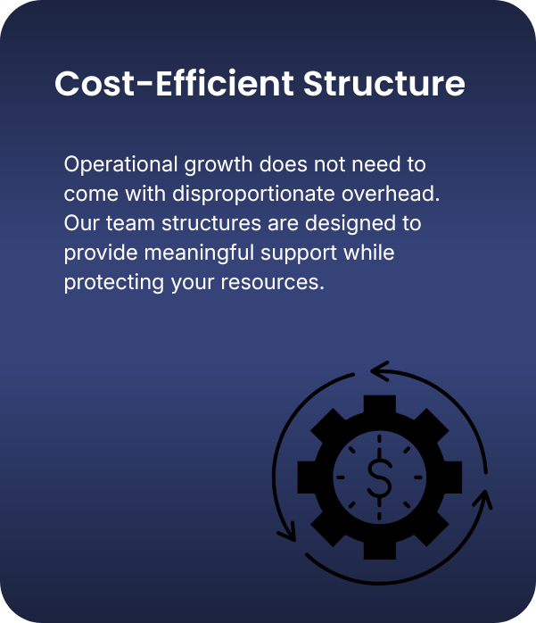 Slide titled 'Cost-Efficient Structure' with text about operational growth support and a gear with a dollar sign and circular arrows.