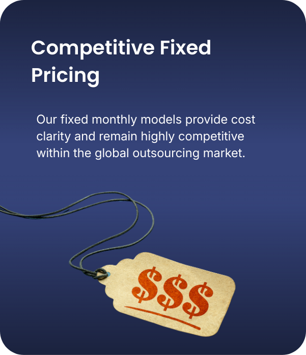 A promotional graphic discussing competitive fixed pricing, with a blue background, white text, and a tag with dollar signs attached to strings.