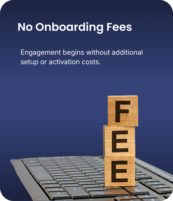 Blocks spelling 'FEE' stacked on a keyboard with a blue background, indicating no onboarding fees and free engagement.