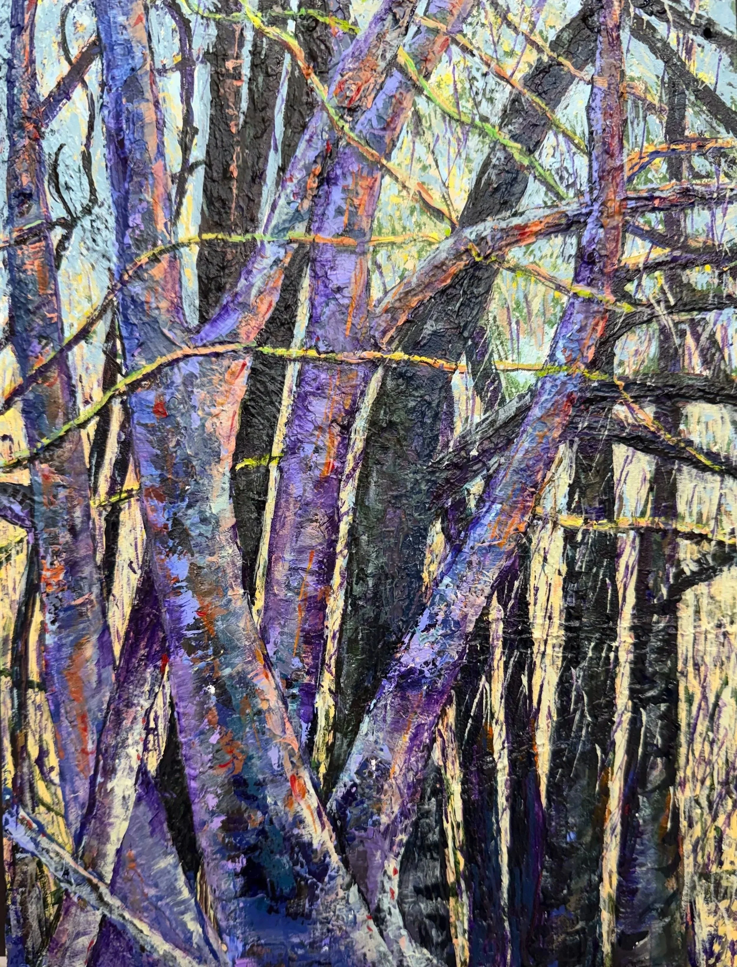 Colorful sunset painting of the woods near Frog Stool Road in Virginia in deep purples and greens.'.