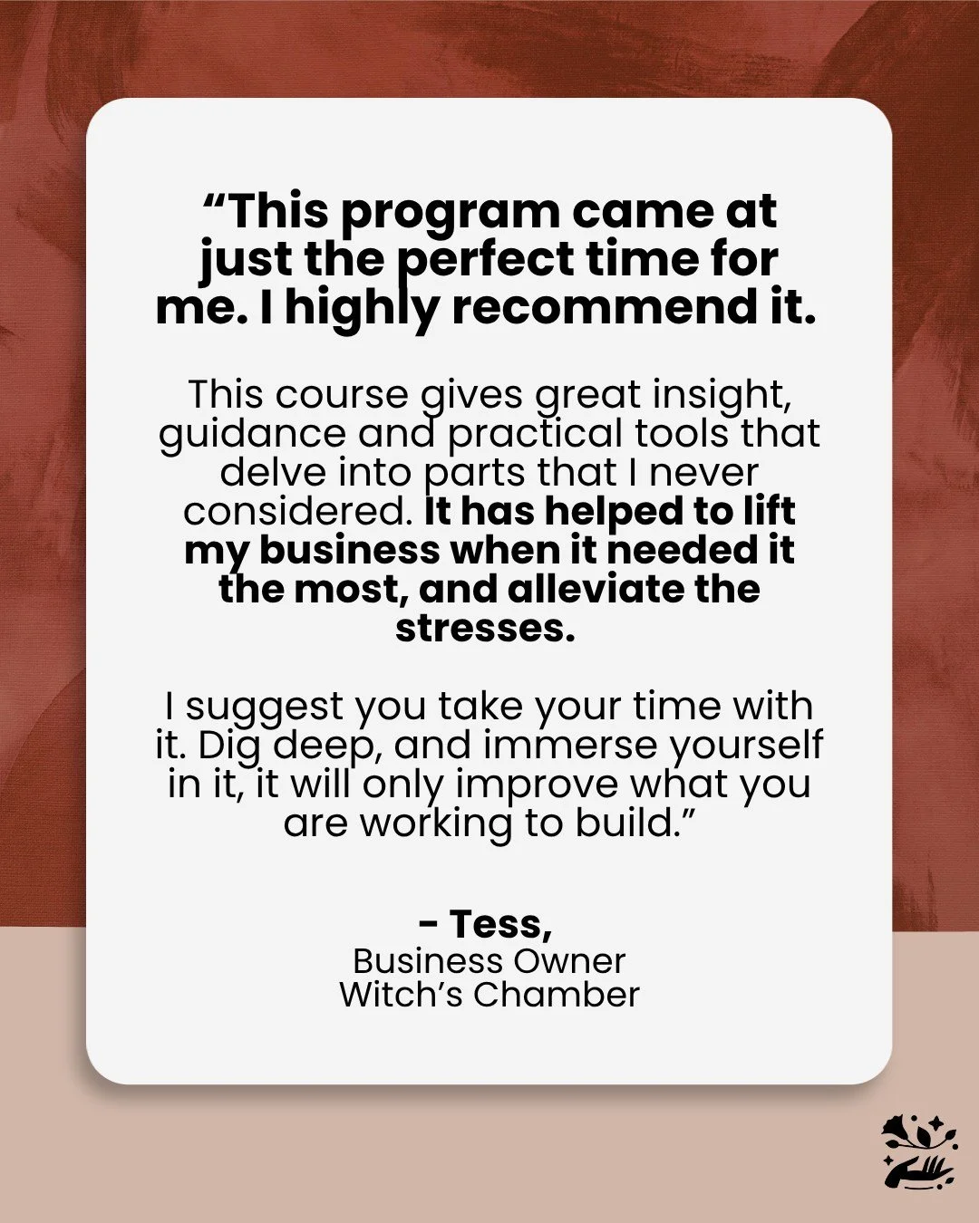Let me tell you, Tess' testimonial put me right in my feels 🥺 THIS is exactly why I made TCBA. Your business is a means to bring relief and security in your life, and I want to help you remove stress and build clarity.

So grateful for you, @witchsc