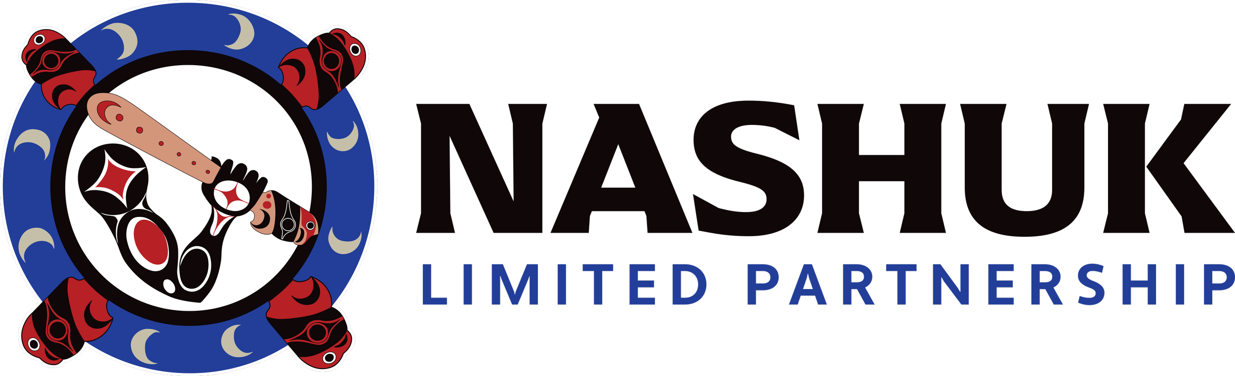 Illustration of a hand holding a club with a red circle on it, surrounded by a circular design with moons and faces, and the words "NASHUK LIMITED PARTNERSHIP" in black and blue text.