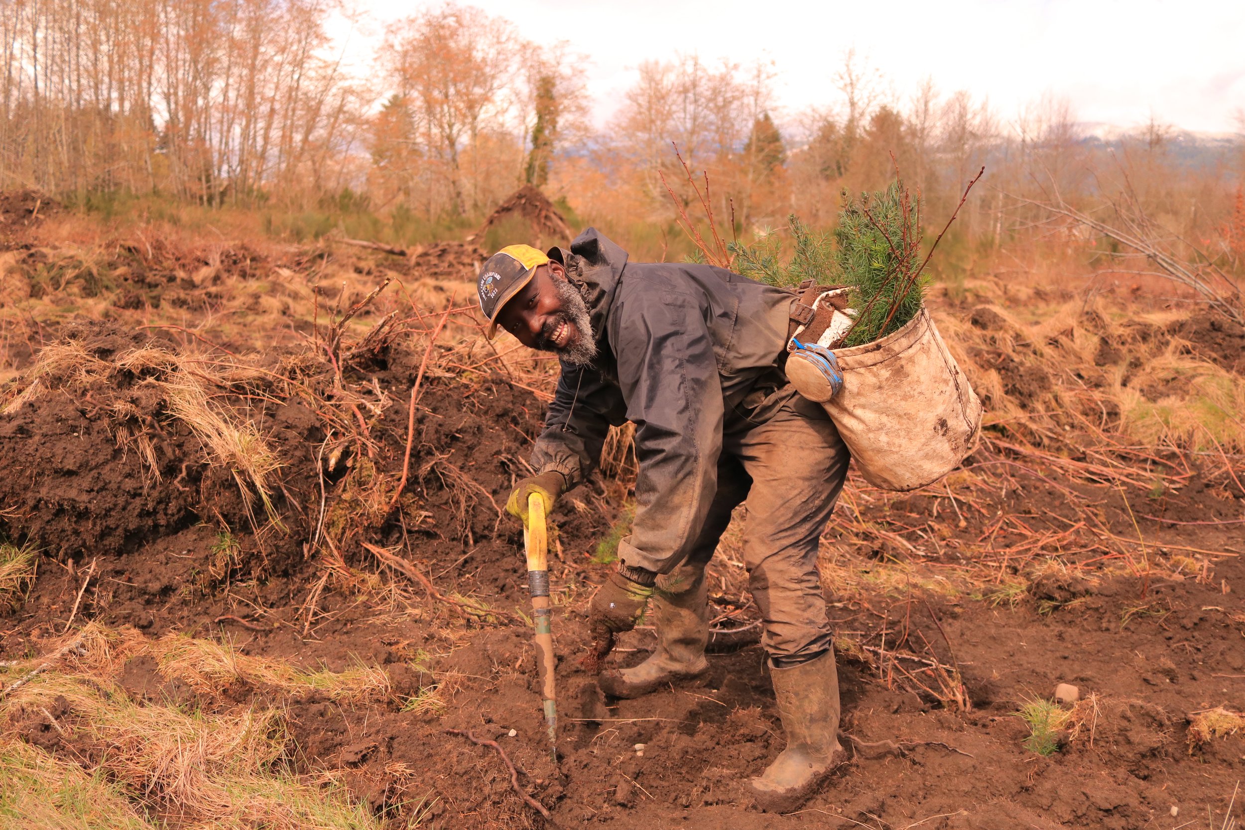 A man with a gray beard, wearing a black jacket, brown pants, boots, and a cap, is gardening in a muddy field. He is using a small shovel and has a large pocket on his belt with small trees or plants.